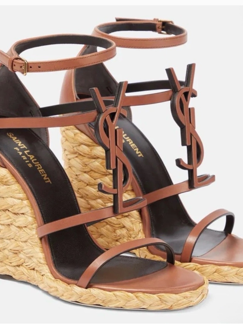 Saint Laurent Raffia Wedge Leather Espadrille Sandals with YSL Logo